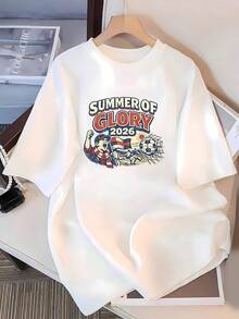Graphic Celebrating The Passion Of Football With A Cheering Player, A Waving Flag, A Ball Going Into The Net And The Sun Shining, Symbolizing The Unity And Glory Of Summer 2026. Women's T-Shirt, 100% Cotton, Comfortable, Casual, Modern. - 白色 - 查看 3