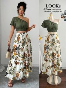 Blusa ajustada de manga corta con hombro asimétrico en color verde elegante + Falda ajustada en línea A de color beige elegante, ropa de vacaciones/resort - Multicolor 2 - Ver 4