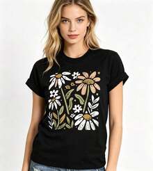 1 camiseta casual para mujer, con estampado floral vintage de flores silvestres, cuello redondo y manga corta blanca, sencilla y versátil, transpirable, adecuada para primavera y verano, vacaciones en la playa, viajes de ocio, uso diario, a la moda para todas las estaciones, sencilla, casual, cómoda, suave, adecuada para fitness, deportes al aire libre diarios, versátil y con estilo para todas las estaciones, camiseta transpirable de manga corta con cuello redondo, capa base, lavable a máquina, opción de regalo. - Negro - Ver 1