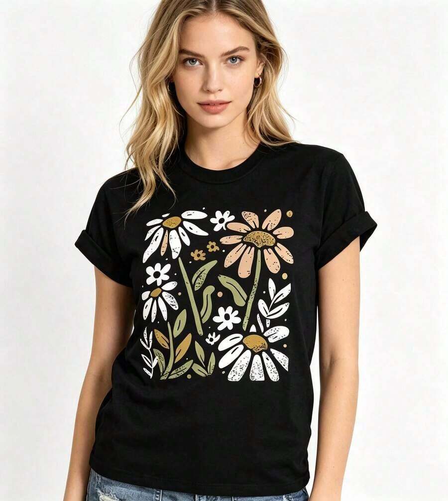 1 camiseta casual para mujer, con estampado floral vintage de flores silvestres, cuello redondo y manga corta blanca, sencilla y versátil, transpirable, adecuada para primavera y verano, vacaciones en la playa, viajes de ocio, uso diario, a la moda para todas las estaciones, sencilla, casual, cómoda, suave, adecuada para fitness, deportes al aire libre diarios, versátil y con estilo para todas las estaciones, camiseta transpirable de manga corta con cuello redondo, capa base, lavable a máquina, opción de regalo. - Negro - Ver 1