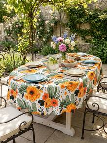 1pc Summer Floral Cactus Print Tablecloth Rectangular Table Cover Waterproof Polyester Fabric Tablecloth Boho Farmhouse Style Bright Orange Flower Green Cactus Pattern Table Cloth - Multicolor - View 11