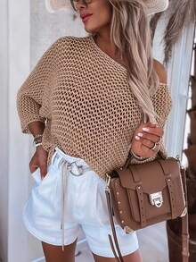 Áo len nữ mùa hè kiểu dáng casual, chất liệu dệt kim, họa tiết rỗng, cổ tròn, tay dài, thích hợp cho kỳ nghỉ biển. - Lạc đà - Xem 3