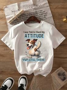 Limited Edition Women's Lightweight And Breathable Cotton T-Shirt With A Fun Jack Russell Terrier Design And The Slogan "Check My Attitude" - Short-Sleeved Crew Neck T-Shirt, 100% Soft And Breathable, With The Slogan "I Was Told To Check My Attitude" And A Dog Graphic, Casual And Humorous Clothing For Pet Owners. - 白色 - 查看 1