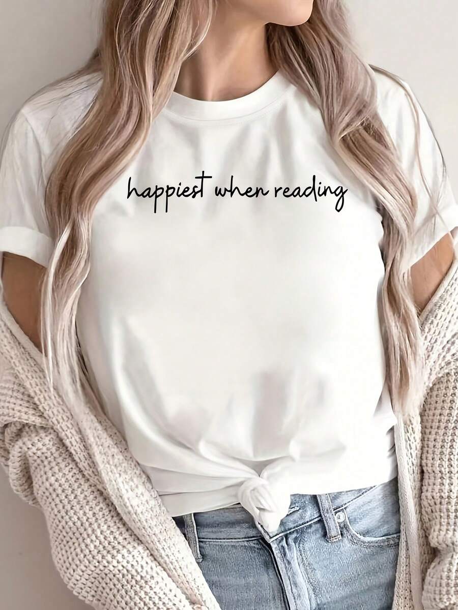 Soft 100% Cotton Women's Short-Sleeved Crew Neck T-Shirt With A Floral Print And English Lettering On The Chest. Breathable And Machine-Washable Fabric, Suitable For All Seasons. Not Suitable For Layering Under Blouses. Ideal For Casual Wear, Layering, And Basic Outfits. Breathable Cotton T-Shirt That Goes With Everything. - 白色 - 查看 1