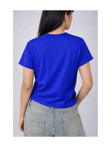 Soft 100% Cotton Women's T-Shirt, Yellow Floral Print, Minimalist, Soft Touch, Short Sleeve, Round Neck, Spring Summer, Casual, Comfortable For Everyday Wear, Breathable Cotton T-Shirt, Matches Everything, Cool. - 藍色 - 查看 3