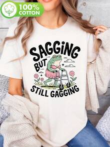 A Green Frog In A Pink Bikini, A Comically Droopy Frog But Still With A Tight Chest, Wearing A Printed T-Shirt, Short-Sleeved And Round Neck, Casual, Suitable For Summer And Spring, Women's Clothing, Comfortable Cotton T-Shirt. - 白色 - 查看 6