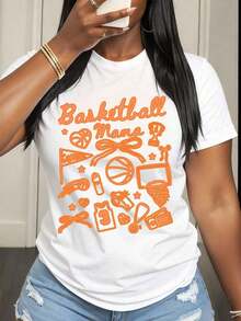 Women's "Basketball Mama" T-Shirt, Basketball Mom T-Shirt With Sports Icons And Orange Design, Perfect For Game Day And Mother's Day Celebrations, Summer Clothing - 白色 - 查看 7
