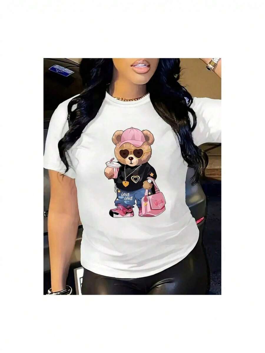 YOCASA Camiseta informal de verano para mujer, de cuello redondo, ajustada y manga corta, con estampado de pintura al óleo, floral, de corazones, de cerezas y de letras. Tejido informal sencillo, estilo deportivo, ideal para el día a día y para una cita de San Valentín..1 pcs,180g Pure Heavy,95%Polyester 5%Spandex - Blanco - Ver 1