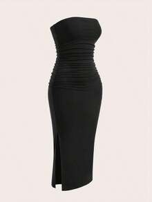 Vestido elegante de punto sin tirantes ajustado y multicolor para mujer - Negro - Ver 3