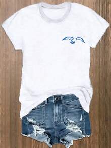 Camiseta casual de manga corta para mujer, estampada con el diseño "East Coast Lighthouse", 180G, camiseta de algodón puro, tela ligera y cómoda, camiseta estampada, cuello redondo, corte regular, camiseta clásica para regalo. - Blanco - Ver 1
