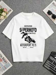 Camiseta blanca, con un llamativo estampado de "Genuine Supermoto Authentic Motorsport PS.75 RAC". Perfecto para los entusiastas de las motocicletas e ideal para regalar a familiares y amigos amantes de los deportes de motor. Una camiseta de manga corta adecuada para el hogar, el uso diario, fiestas y viajes, perfecta como regalo para amigos o familiares. - Blanco - Ver 5