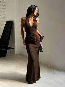 Women's Slim Fit Deep V-Neck Knit Dress, Sleeveless Backless Dress With Slight Stretch, Suitable For Casual And Party Style Summer Dress - Brown - View 7