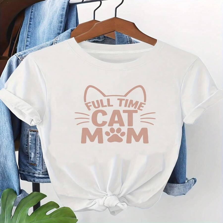 Talla Grande - Talla Grande - Camiseta de Talla Grande con Estampado Temático de "FULL TIME CAT MOM" (Patas de Gato Rosado Claro + Patrón de Patas + Lema Divertido). Esta Camiseta Suave y Linda es Perfecta para Eventos Temáticos de Gatos, Día de la Madre - Blanco - Ver 1