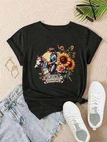 Versatile Plus Size T-Shirt, Cowgirl Riding A Horse Print With Sunflowers And Roses, Fashionable Casual T-Shirt For Women, Suitable For All Seasons
White, The Fabric Is Comfortable And Breathable. - 黑色 - 查看 2