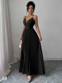 Vestido largo de mujer de unicolor, minimalista y casual con tirantes finos, espalda descubierta y lazo - Negro - Ver 4