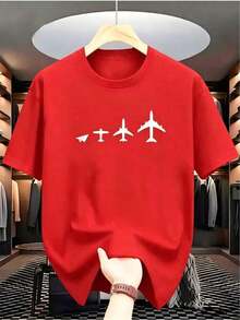 PremiumCamiseta negra de cuello redondo para hombre, con estampado de evolución de avión, adecuada para uso casual y deportivo, camiseta de manga corta para todas las estaciones, tejido de punto ligeramente elástico, corte regular, perfecta para uso diario y de fin de semana. Ecológico - Rojo - Ver 1