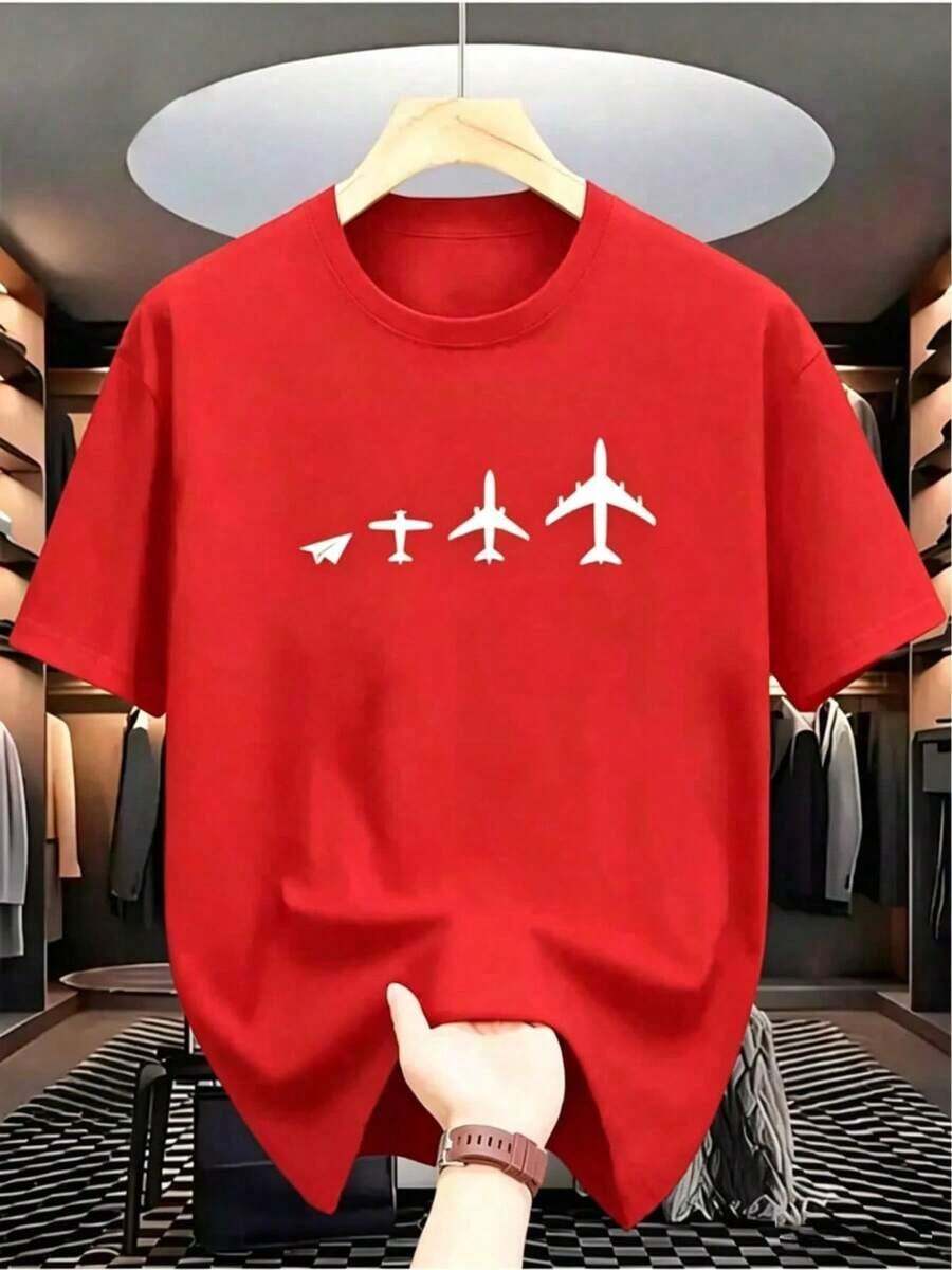 PremiumCamiseta negra de cuello redondo para hombre, con estampado de evolución de avión, adecuada para uso casual y deportivo, camiseta de manga corta para todas las estaciones, tejido de punto ligeramente elástico, corte regular, perfecta para uso diario y de fin de semana. Ecológico - Rojo - Ver 1