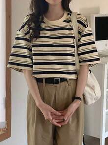 Las mujeres de estilo retro a rayas camiseta de manga corta verano nuevo ins cómodo transpirable versátil tops de media manga - Albaricoque - Ver 5