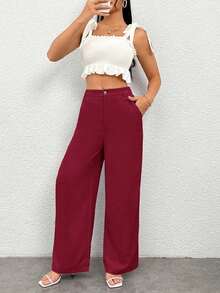 Pantalones anchos de unicolor informal para mujeres - Burdeos - Ver 5