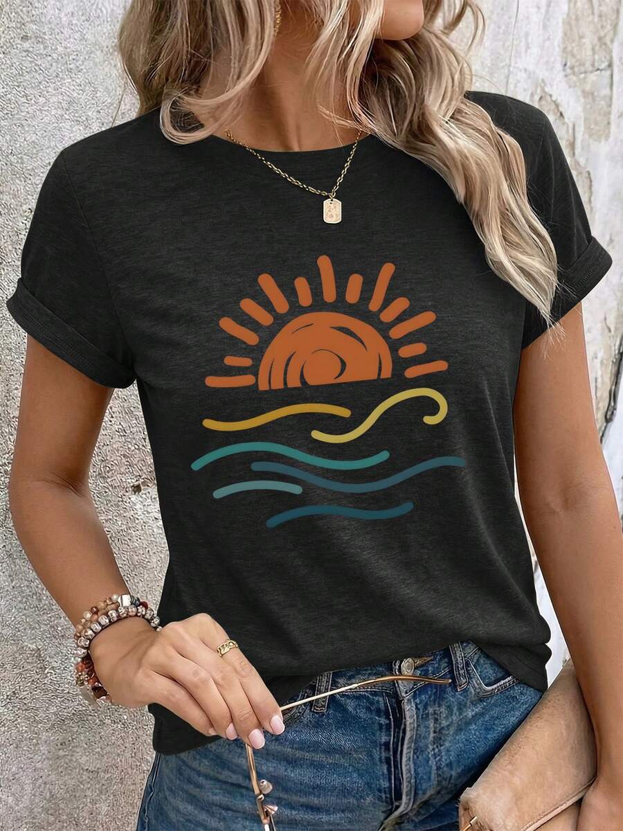 Camiseta de manga corta con estampado y cuello redondo de algodón puro para mujer, camiseta de manga corta de verano para mujer con estampado de diseño de sol y olas, estilo urbano moderno, versátil, casual y deportivo, camiseta de manga corta con cuello redondo. - Negro - Ver 1