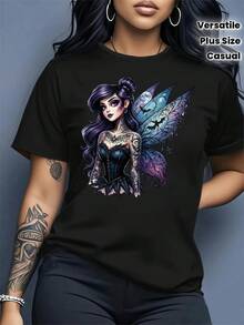Talla Grande, 1 Unidad Camiseta de Mujer Talla Grande Estilo Gótico con Tatuajes - Cuello Redondo y Manga Corta Ideal para el Día a Día, Uso Casual y Eventos Góticos - Ropa Casual Versátil y Regalo - Negro - Ver 3