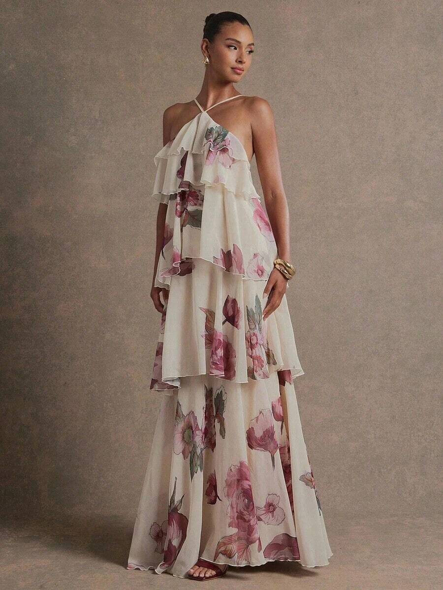 Elegante vestido maxi de gasa con cuello halter y volantes para invitados a bodas románticas - Multicolor 2 - Ver 1