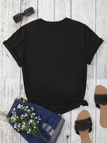 Women's T-Shirt With Mexican Print, Round Neck, Casual Style, Stretch Polyester Blend, Geometric Pattern, Regular Length, Summer Knit Fabric, Women's Clothing, Women's Tops - 黑色 - 查看 3