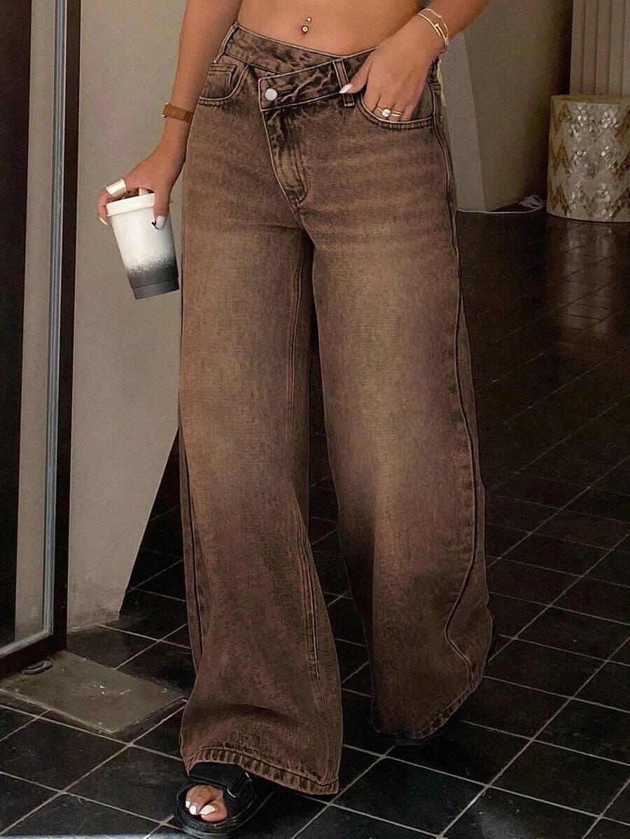 Jeans de pierna recta con diseño de cintura baja para mujeres - Marrón 2 - Ver 1