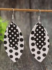 1 Pair Black & White Polka Dot Double-Layer Leather Earrings, Retro Hong Kong Style Fashion Versatile Long PU Leather Earrings - Black and White - View 9