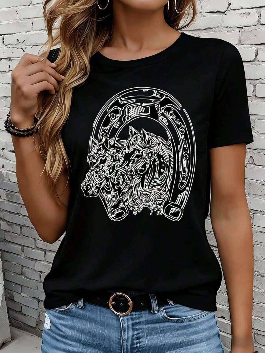 Women's Short-Sleeved T-Shirts In Black And White Are Suitable For Everyday Wear, Lounging At Home, And Outdoor Activities. This White T-Shirt Features A Horse And Horseshoe Design And Is A , Casual Graphic Tee, Making It An Ideal Gift For Parties Or Holidays. - 黑色 - 查看 1