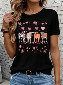 Women's Short-Sleeved T-Shirts In Black And White Are Suitable For Everyday Wear, Lounging At Home, And Outdoor Activities. This Women's T-Shirt Features A Cow Print With A Heart, Love Balloons, And Stars, Making It An Ideal Gift For Valentine's Day Or Other Special Occasions. - 黑色 - 查看 7