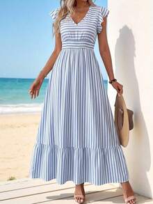 Vestido largo casual y retro para vacaciones, con cintura ceñida, para atuendo diario de primavera/verano, vestidos camiseros para mujer, casual - Azul y blanco - Ver 5