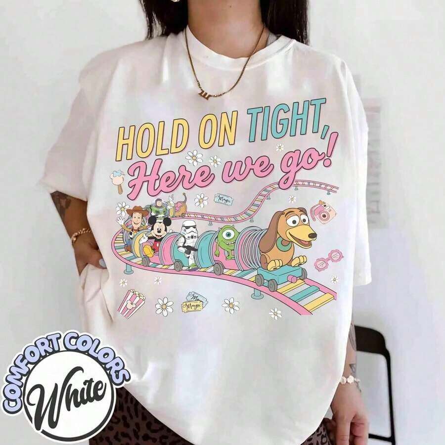 Disney Ladies T-Shirt, Spring Dog Sprint Theme T-Shirt, "Hold On, Let's Go!" " T-Shirt, "Toy Story" Theme Roller Coaster T-Shirt, Disney Studios, Unisex, Special For Gifts. Plus Size Women's Wear Is Unisex, Which Is An Excellent Gift. - trắng - Xem 1