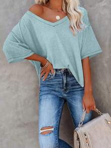 Nuevo top de camiseta mujer verano 2026, cuello en V, mangas de murciélago, textura waffle, suelto y color sólido. - azul claro - Ver 3