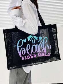 2pcs Large Capacity Mesh Bag Set, Gradient Shiny Beach Palm Tree Print Mesh Bag, Mesh Beach Tote Bag, Mesh Cosmetic Storage Bag, Foldable Waterproof Beach Bag, Letter Decor Mesh Beach Shoulder Bag, Women's Personalized Gift Bag, Makeup Bag, Summer - Black - View 5