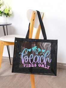 2pcs Large Capacity Mesh Bag Set, Gradient Shiny Beach Palm Tree Print Mesh Bag, Mesh Beach Tote Bag, Mesh Cosmetic Storage Bag, Foldable Waterproof Beach Bag, Letter Decor Mesh Beach Shoulder Bag, Women's Personalized Gift Bag, Makeup Bag, Summer - Black - View 10