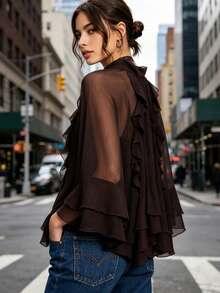 Women's Sheer Ruffled Cape Tops Fashionable Solid Color Mock Neck Long Sleeve Blouse - Brown - View 6