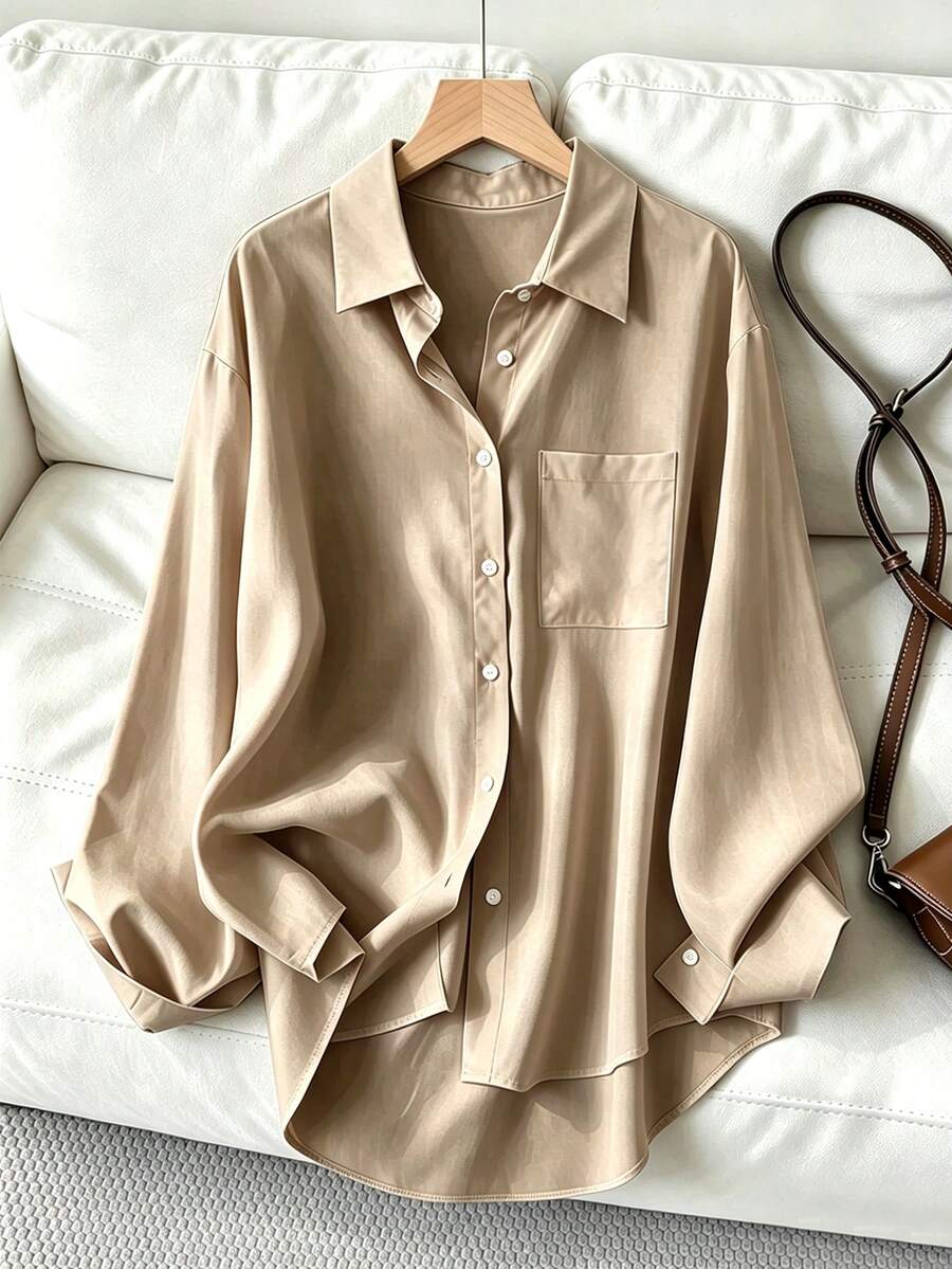Camisa de manga larga holgada de unicolor con botones delanteros para oficina y uso casual, diseño corto delante y largo atrás, para primavera/otoño - Caqui - Ver 1
