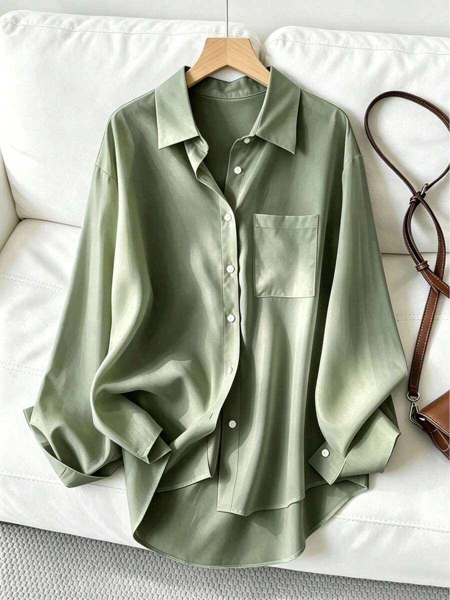 Camisa de manga larga holgada de unicolor con botones delanteros para oficina y uso casual, diseño corto en la parte delantera y largo en la parte trasera, para primavera/otoño - Verde - Ver 1