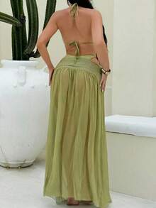 Vaytide Set de 3 piezas: Bikini de tela brillante de unicolor con diseño de aro de metal asimétrico + Vestido de malla larga tipo capa para la playa, traje de baño de resort vacacional para mujer - Verde - Ver 9