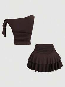 Conjunto de top de tirantes y minifalda plisada y con decoración de flores metálicas para mujer, ideal para el verano - Café integral - Ver 2