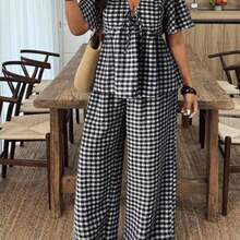 2pcs Plus Size Women Set: Plaid Tie Front Short Sleeve Shirt And Wide Leg Pants - Negro - Ver 1