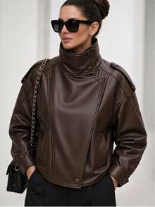 Women's Short Faux Leather Jacket, Modern And Elegant Style, For Winter - 離開 - 查看 2