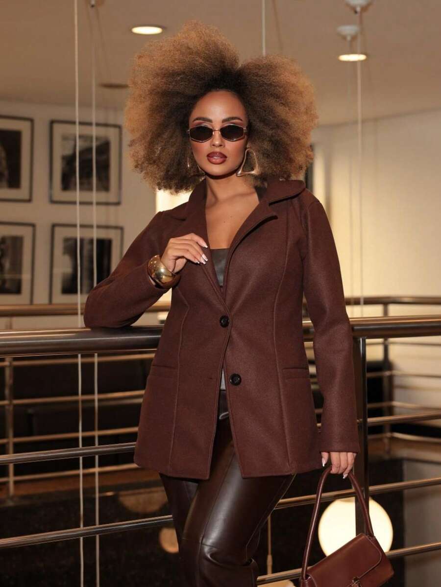 Women's Medium Overcoat With Pockets And Buttons, Elegant Wool, Winter - Rust Brown - View 1