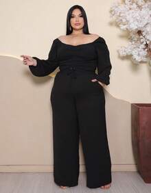 Plus Size Set: Off-The-Shoulder Cropped Top And Elegant High-Waisted Lined Palazzo Pants - 黑色 - 查看 9