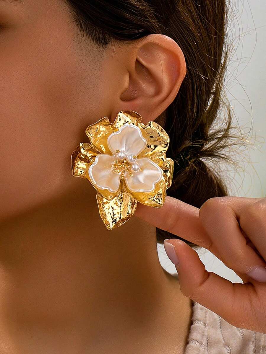 1 Pair Summer Bohemian Style Multi-Layer Metal 3D Floral Earrings, Fashionable High-Quality Elegant Earrings For Women, Suitable For Daily, Party, Holiday Gift - Yellow Gold - View 1