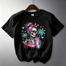 Women's Cotton Short Sleeve T-Shirt with Funky Skull Print for Beach Outings and Summer Fun, Medium Stretch Crew Neck Top - Negro - Ver 3