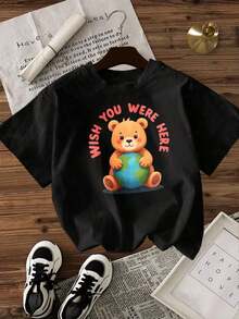 Camisetas gráficas para mujer, diseño "You Were Here Bear Holding Earth?", camisetas de verano de algodón transpirable. - Negro - Ver 3