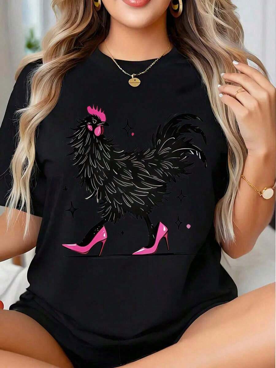 1 Piece Women's Graphic T-Shirt With Pink Heels, Fashionable Funny Animal Print T-Shirt, Casual Wear For Everyday Outfits, 180g 100% Cotton - 黑色 - 查看 1