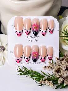 Bộ 10 móng giả thủ công hình hạnh nhân, màu trắng kiểu Pháp phối hồng gradient và họa tiết da bò. Móng giả có tông màu nude nhẹ nhàng, được vẽ tay theo kiểu Pháp màu trắng, phối hồng gradient và họa tiết da bò. - Nhiều màu - Xem 12